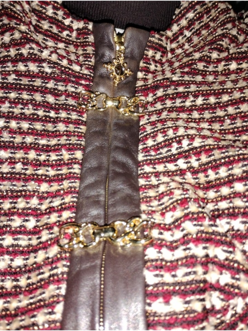 St John 10/12 Burgundy Cream Brown Boucle Knit Jacket Brown Leather Pants Suit - Picture 4 of 14